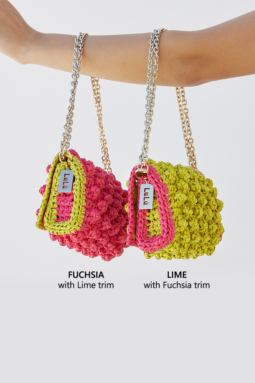 101 / RSTC Mini raffia bag in fuchsia and lime